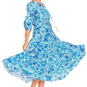 MDS Stripes Blue Floral Midi Dress 3/4 Sleeve V-Neck Keyhole Tie Front Cotton